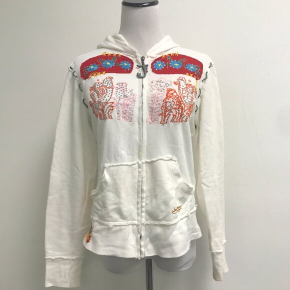 Joystick Johnny Was crystal dove cream red applique embroidered zip hoodie L - Picture 2 of 13